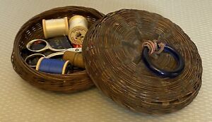 Antique Chinese Small Wicker Sewing Basket Cobalt Glass Ring Handle With Notions