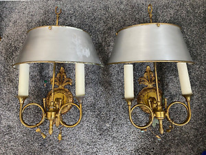 Matching Pair French 1940 S Bronze Bouillotte Bugle Empire Style Wall Sconces