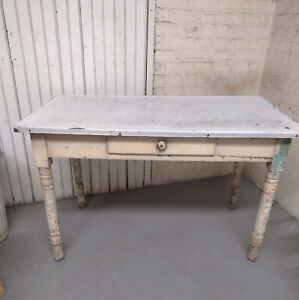 Vintage Farmhouse Table Industrial Porcelain Enamel Top With Drawer