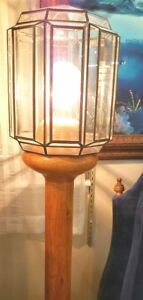 Torchiere Standing Oak Wood Decagon Glass 1950 S Floor Lamp