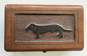 Antique Folk Art Tramp Art Carved Wood Box Rare Dachshund Hound Dog Superb Oaak