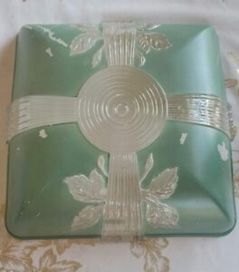 1920s 30s Vtg Antique Art Deco Glass Light Fixture Cover Emerald Green Shabby 