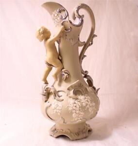 Antique Early Mettlach Villeroy Boch Vase W Putto Platinum Accents 318 Ca 1860s