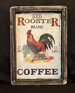 Primitive Country Print Red Rooster Farm Stand Handmade Frame 9 X 12 