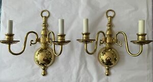 Vintage Pair Brass Wall Sconces Colonial
