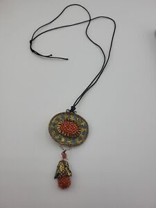 Antique Chinese Dynasty Coral Kingfisher Necklace Pendant