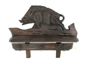 Hand Carved Wood Hunters Coat Rack Boar Black Forest Antique Small