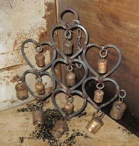Wrought Iron Heart Cow Bells Wind Chime Primitive French Country Farmhouse Decor