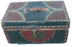 Old Colorful Wood Document Box With Leather Trim Brass Tacks