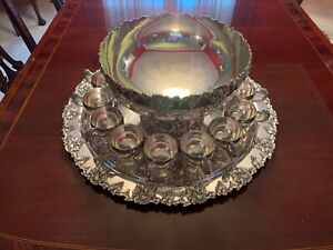 Webster Wilcox International Vintage Silver Plate Large Punch Bowl Tray Cups