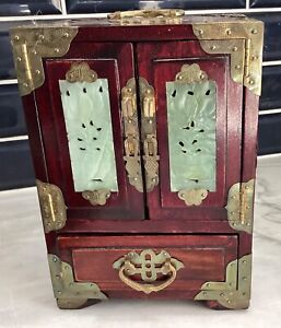 Vintage Rosewood Chinese Oriental Jewelry Box Brass Carved Jade Inlay