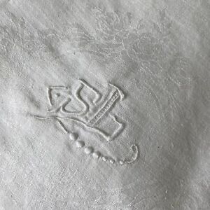 Set Of 12 Large Damask Antique French Linen Napkins Antique White Sl Monogram V