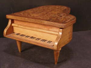 Antique Inlaid Wood Phoenix Bird Grand Piano Jewelry Trinket Dresser Vanity Box