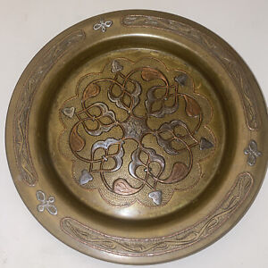 Antique Silver And Copper Inlaid Brass Plate Early 20th Century Middle Eastern