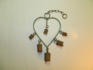 Wrought Iron Wind Chimes With Cow Bells Weathered Patina Rustic Heart Shape