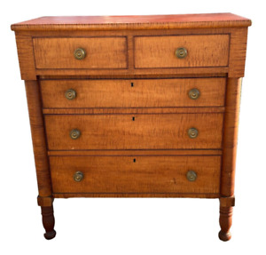 1830s Cherry Tiger Maple Sheraton Dresser Old Surface Bold Tiger Antique Chest
