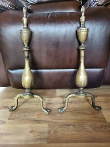 Vintage Antique Cast Iron Brass Fireplace Andirons With Claw Feet