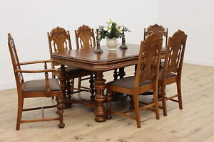 English Tudor Antique Dining Set Table Leaf 6 Chairs 46714