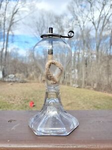 Very Nice Early 1820s Small Blown Sandwich Glass Whale Oil Lamp W Burner