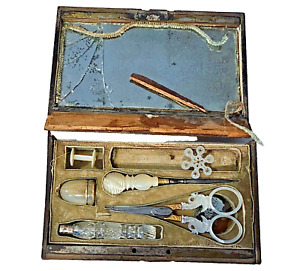 Antique Palais Royal Sewing Box Parts Scissors Scent Thimble 18k Mop Ca 1810