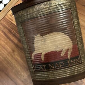 Cat Nap Inn Folk Art Corrugated Tin Bucket Warren Kimble Design 12 5x9 5x3 75 