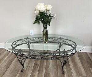 Vintage Oval Metal Sofa Table Salterini Style Glass Top