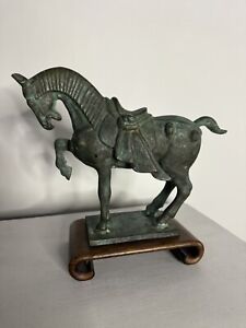 Vintage Chinese War Horse Tang Dynasty Style Sculpture Statue Bronze Wood Stand
