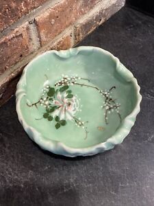 Gorgeous Antique Chinese Asian Hand Painted Floral Celadon Bowl See Pics 