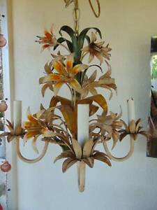 Vintage Italian Tole Metal Chandelier Hanging Lamp 4 Arm 15 Tall Tiger Lilies