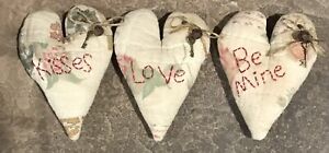 Three Primitive Old Quilt Valentine Heart Shelf Pillows Love Kisses Be Mine 