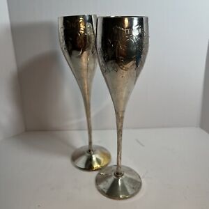 Pair International Silver Co Wine Goblets Champagne Flutes Floral Engraving