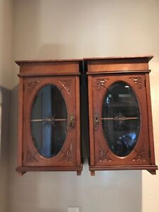Small Antique Carved Oak Display Cabinet Cut Glass Front 2 Available 11 X14 X25 