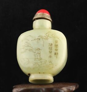 China Old Natural Hetian Jade Hand Carved Statue Landscape Poem Snuff Bottle O