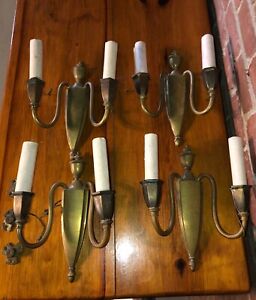 4 Matching Bradley Hubbard Brass Double Sconces With Ceramic Candle Sleeves