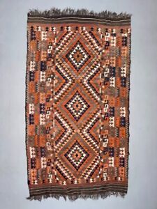 Vintage Uzbek Tribal Kilim Wool Rug 418x240 Cm Red Orange Brown Black Large