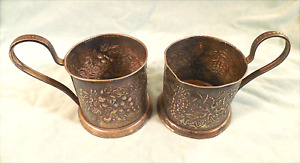 Two 2 Vintage Russian Silver Tea Cup Holders Grape Leaf Pattern