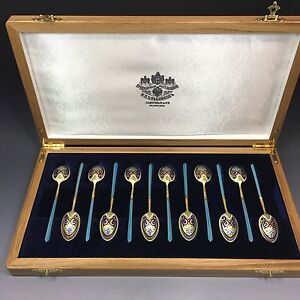 Antique Russian 88 Silver Enamel 12 Spoons Set Khlebnikov Rare