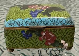 Antique Chinese Cloisonne Box Hinged Footed Box 3 1 8 Brass Enamel Green Blue R