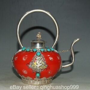 5 6 Chinese Marked Red Agate Silver Phoenix Monkey Statue Round Wine Tea Pot