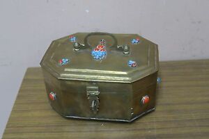 Vintage Brass Metal Chest Trinket Box Jeweled With Stones India 6 X 8 