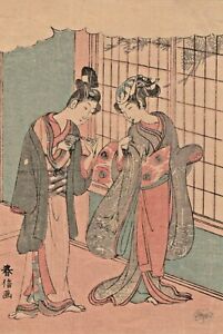 Ukiyoe Suzuki Harunobu Japanese Woodblock Small Print Women Light Paper