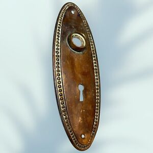 Antique Oval Brass Beaded Trim Keyhole Door Knob Back Plate 7 
