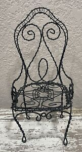 Vintage Mini Black Wire Scrolly Chair Garden Plant Stand Doll Victorian