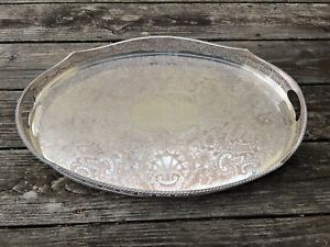 Antique English Silver Plated Gallery Serving Tray Floral Sheffield Handled Swag
