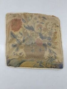 Antique French Hand Woven Petit Point Floral Scene Cushion 57x56cm