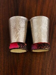  2 Chinese Export Sterling Silver Hand Hammered Shot Glasses With Coasters