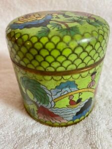 Cloisonne Lidded Round Box With Scenery House Stream Boats Unique