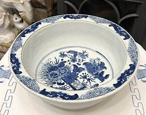 Antique Chinese Chinoiserie Blue And White Porcelain Bowl Basin Asian Floral