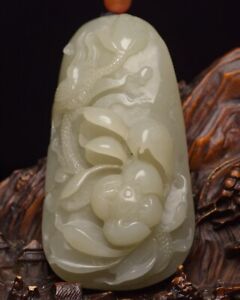 Certified Natural Hetian Jade Hand Carved Flower And Bird Statue Pendant 15281