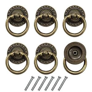 6pcs Vintage Bronze Drop Ring Knobs Pulls Handles With Screws For Dresser Drawer